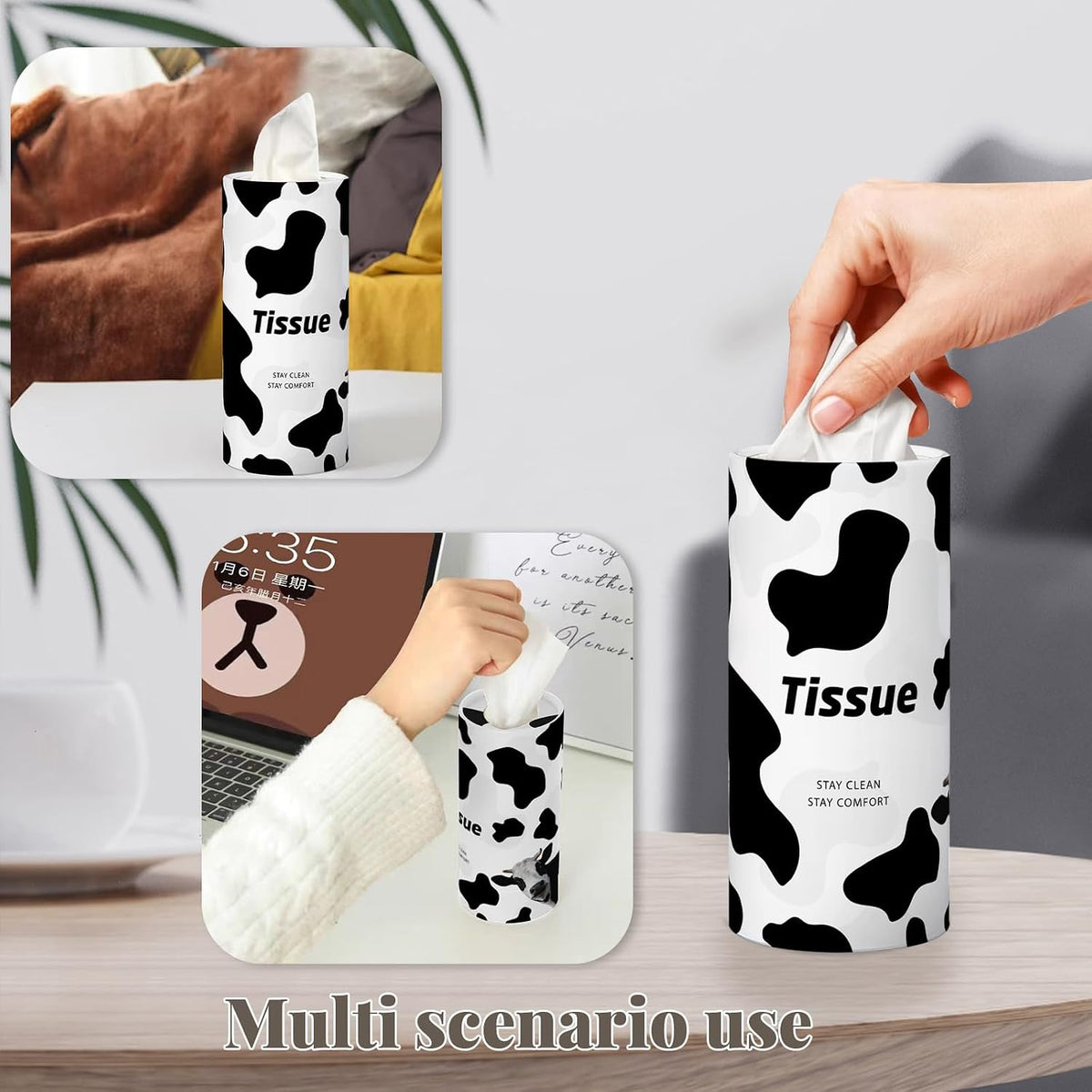 8 Pack Cow Car Tissue Holder, Portable Travel Tissues Cylinder Box Container with 3-Ply 400 Sheets Facial Tissues for Car Cup Holders, Refillable Convenient Automotive Interior Accessories