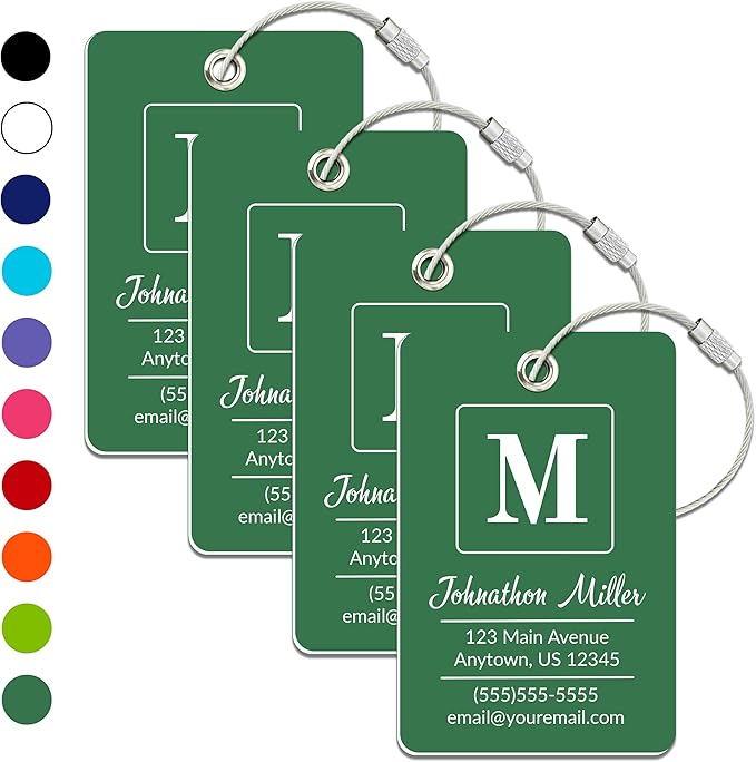 Personalized Luggage Tag | 4 Pack | Custom Luggage Tags for Suitcases | Kids Backpack Tag | 10 Color Options & Choose Font, Font Color