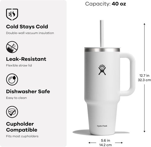 Hydro Flask Travel Tumbler - Insulated Stainless Steel with Handle & Straw | 40 Oz Seacliff
