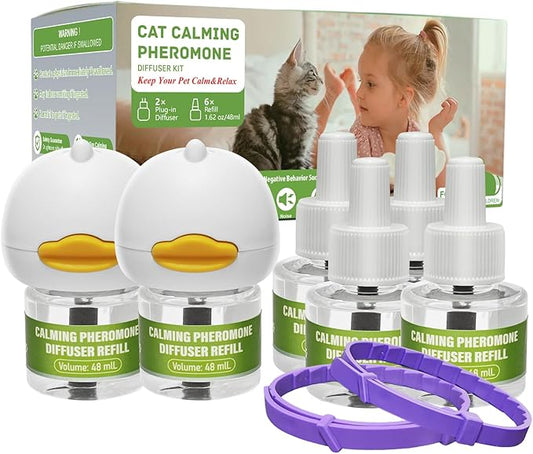 2 Diffusers& 6 Refills +2pcs Calming Collar Cat Calming Diffuser, Plug in Diffuser Cat Pheromone Calming Diffuser Starter Kit Helps Ruduce Anxious, Anti-Stress & Comforts Cats