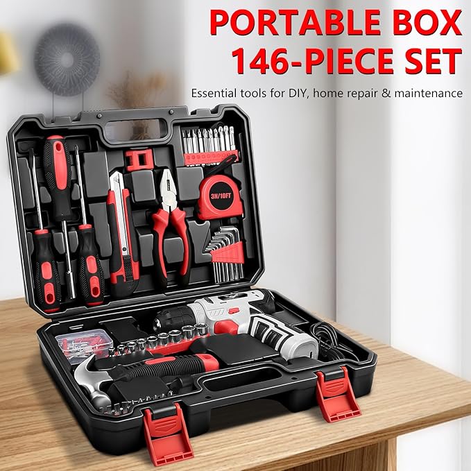 Tool Set：Tool Kit with 8V Cordless Drill, Tool Box with Drill, Hand Drill Set for Men & Women, Home Tool Kits for House Repair, Handyman, DIY 146 Piece