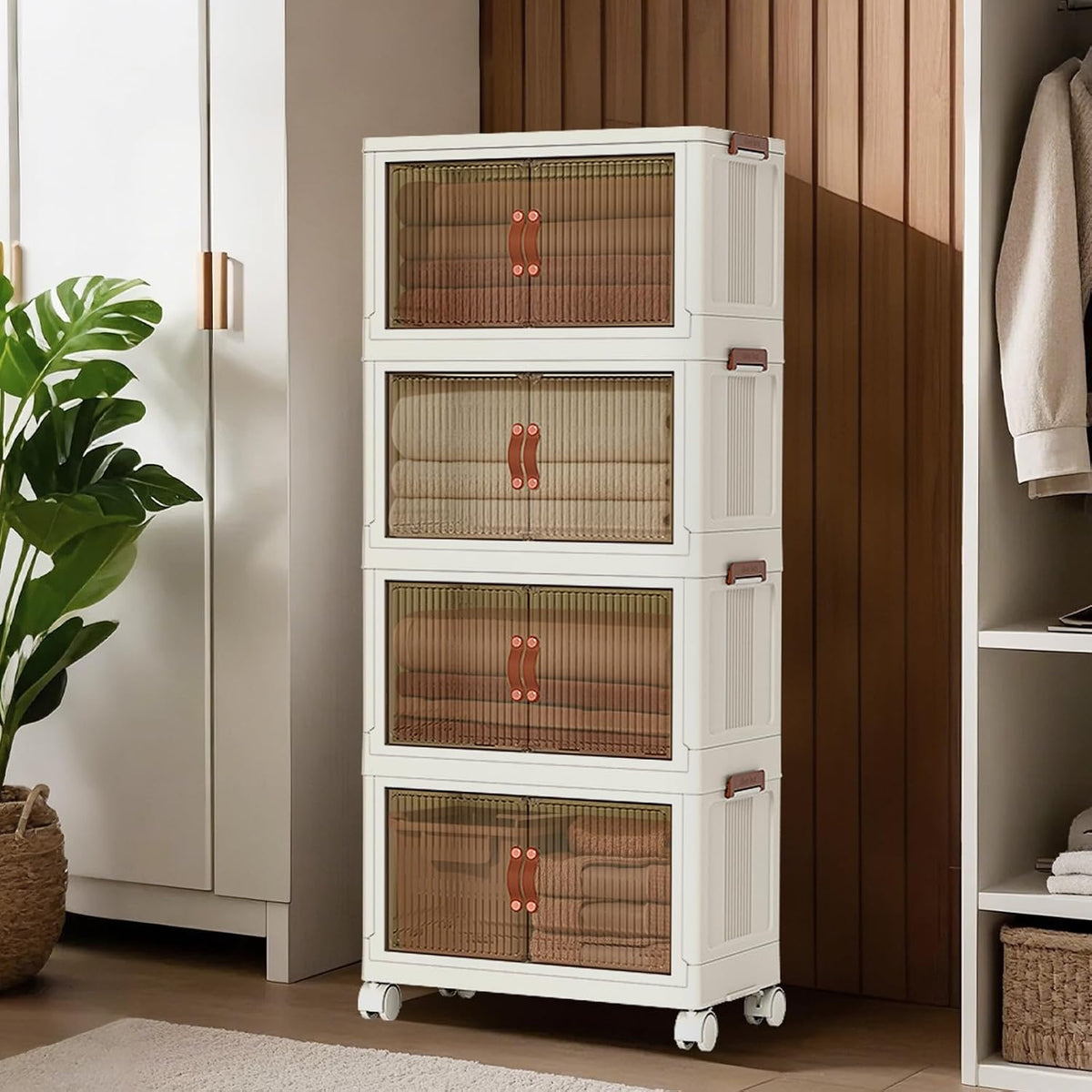 4 Tiers Foldable Storage Bins, 72QT Per Stackable Plastic Storage Bins With Magnetic Double Door and Smooth Wheels Stackable Storage Containers for Snacks, Books