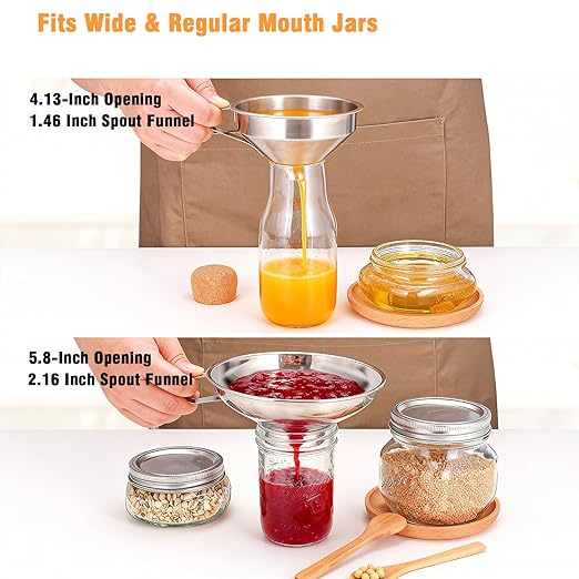 2-Pack Canning Funnels, Wide Mouth & Regular Mouth Kitchen Funnels for Mason Jars, Large & Small Funnel Set for Filling Bottles with Liquid, Oil, Dry Food - Stainless Steel