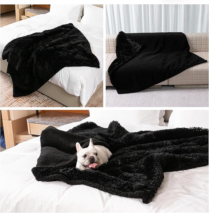 Black Calming Dog Blankets Waterproof Pet Blanket for Dogs 40x28in Puppy Cats Fluffy Long Faux Fur Throw Blankets for Couch Protector Love Bed Cover Washable(Black,S)