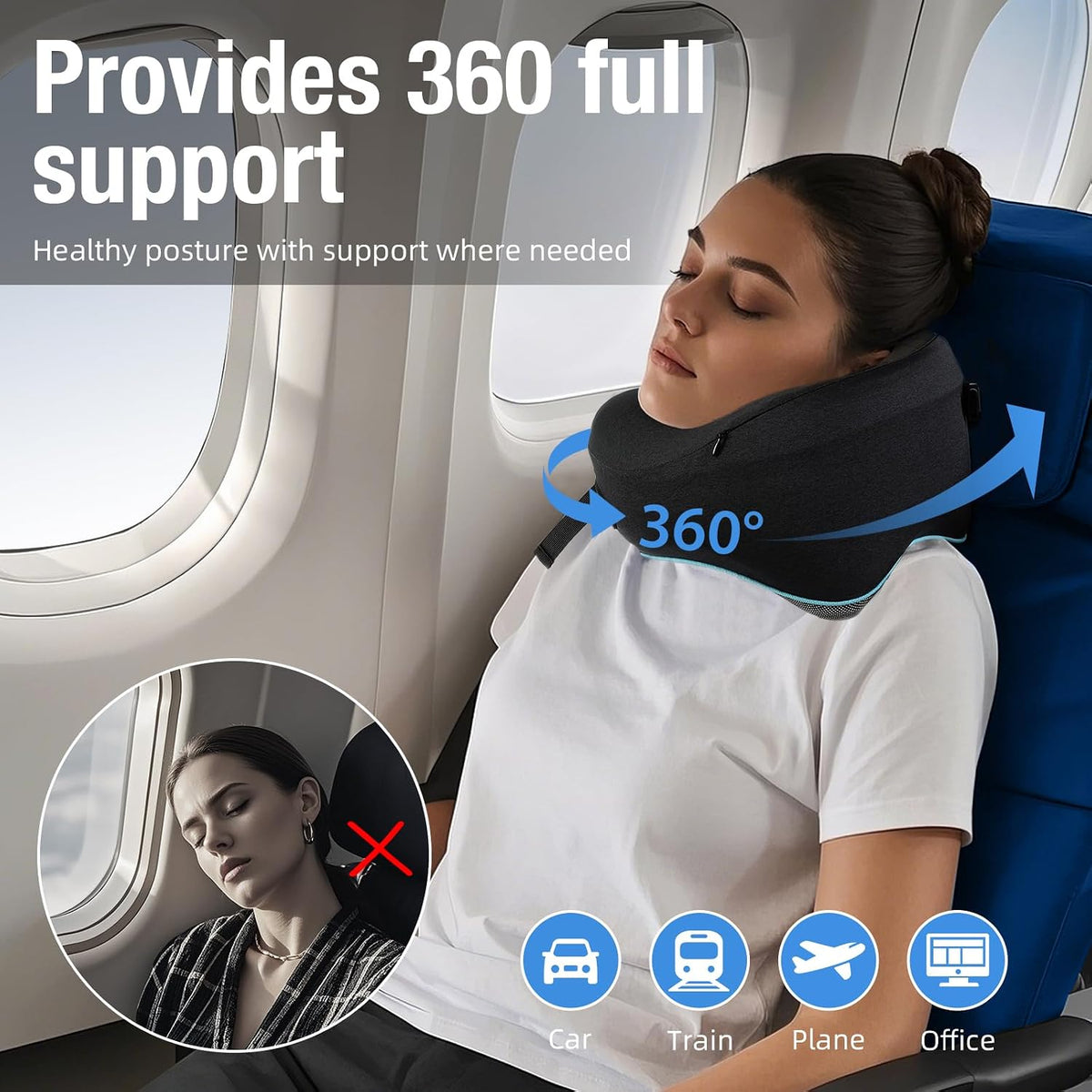 Teemour Neck Pillow for Traveling, Travel Neck Pillow for Airplane Travel Essentials Memory Foam Travel Pillow for Flight with 360° Support Portable, Design for Airplane, Car & Office