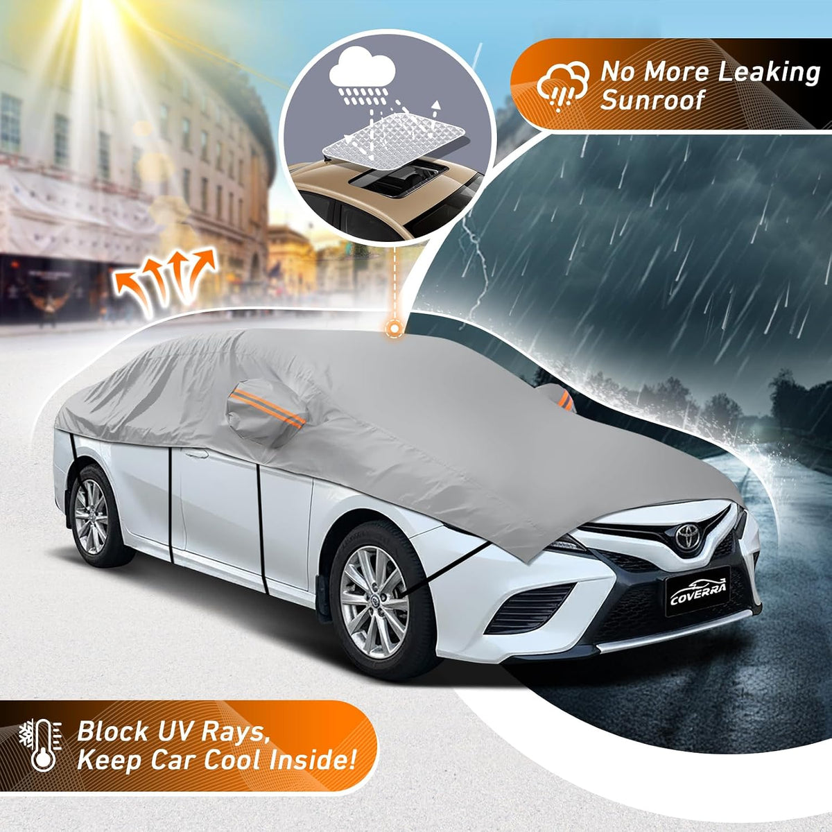 Half Car Cover for Snow, Windshield Cover for Ice and Snow with Cotton Liner, Hail Protector Car Cover Waterproof All Weather for Snow, Sun, Rain, Dust, Fit Sedan L