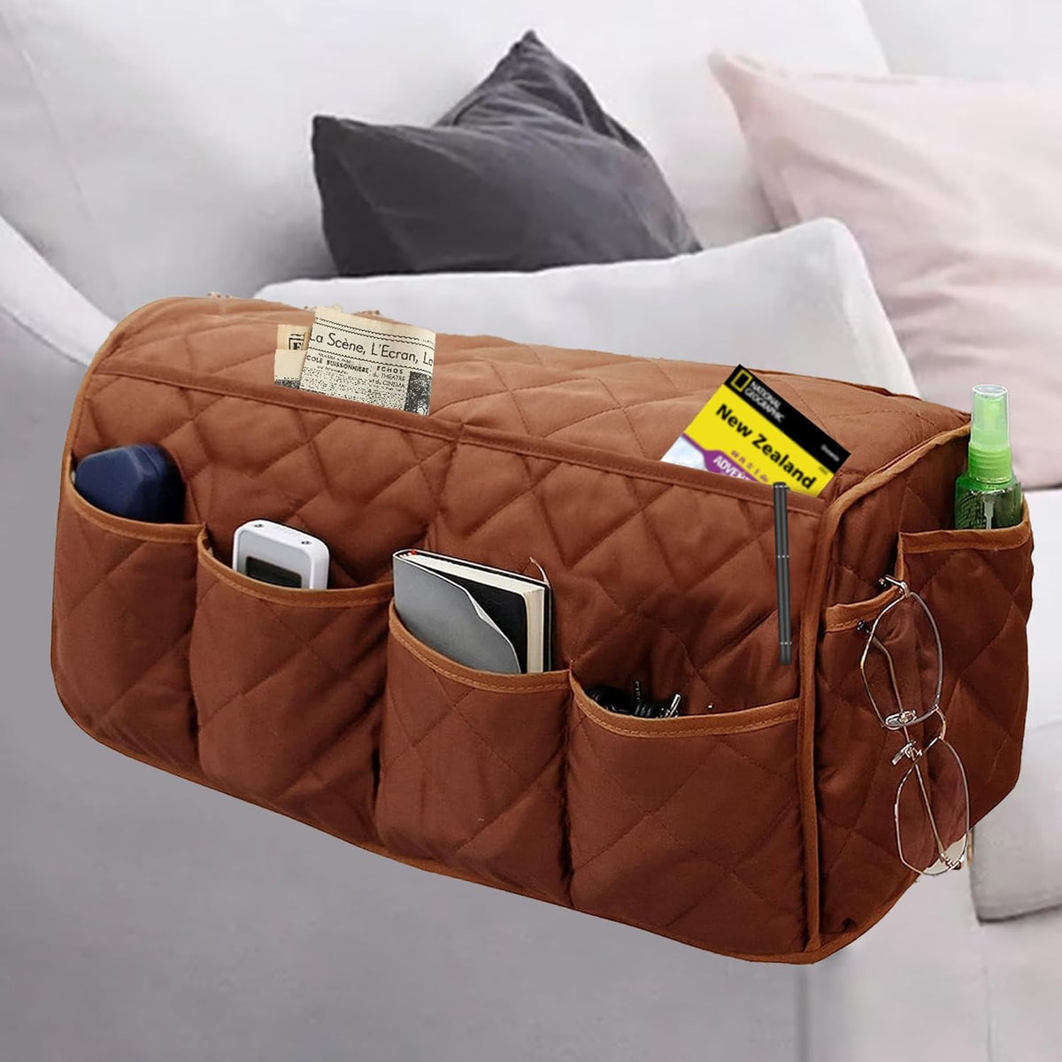 MEHIDFY Armchair Caddy, Waterproof Sofa Armrest Organizer, Non Slip Recliner Organizer, Remote Holder for Recline, Recliner Caddy with 14 Pockets Storage for TV Remote, Phone, Magazine (Brownish Red)