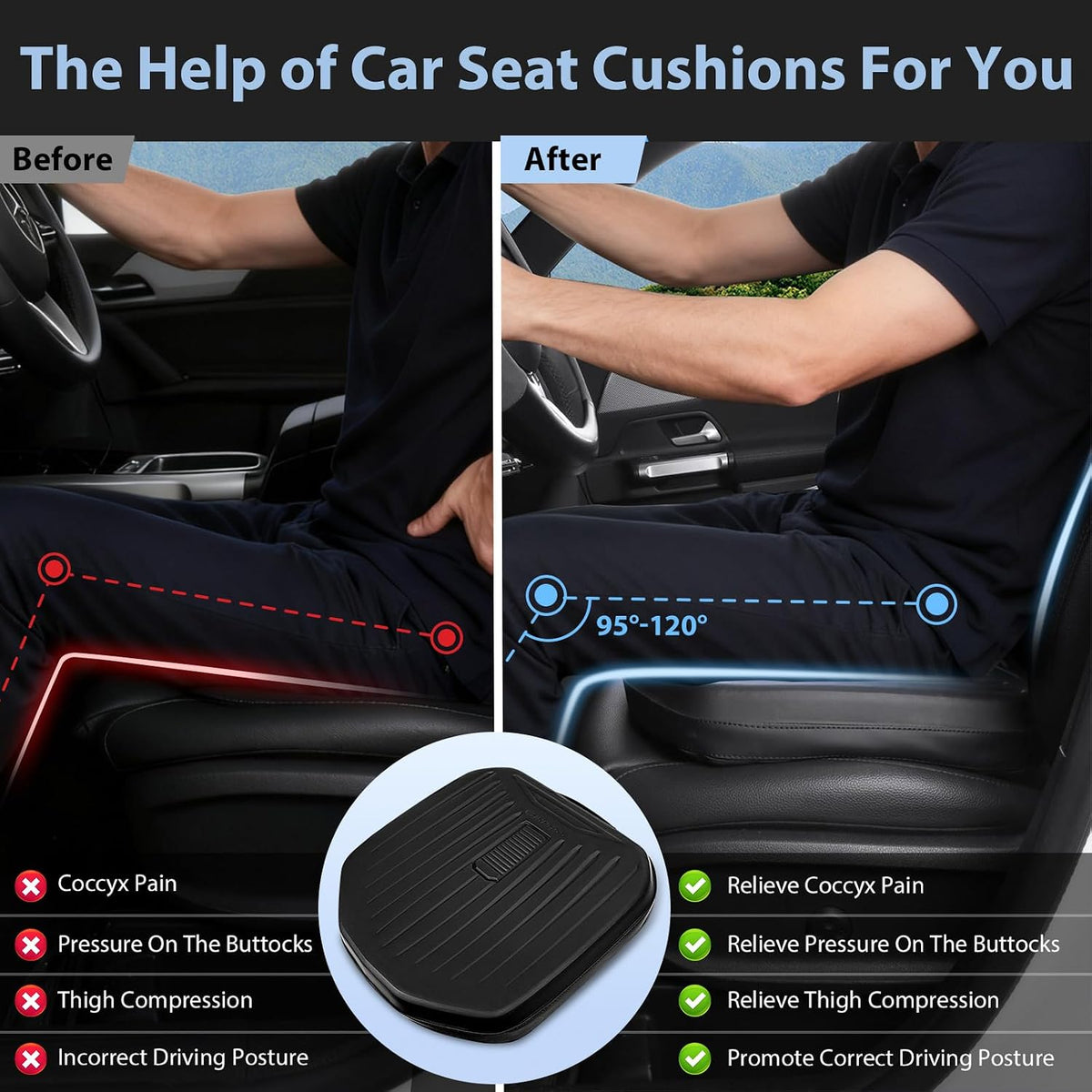 CAR PASS Leather Car Seat Cushion, Comfortable Memory Foam Seat Cushions for Driving Waterproof Adult Booster Seat Cushion for Cars, Truck Driver Automotive SUV Office Chair, Hand-held, 3 Inches Black