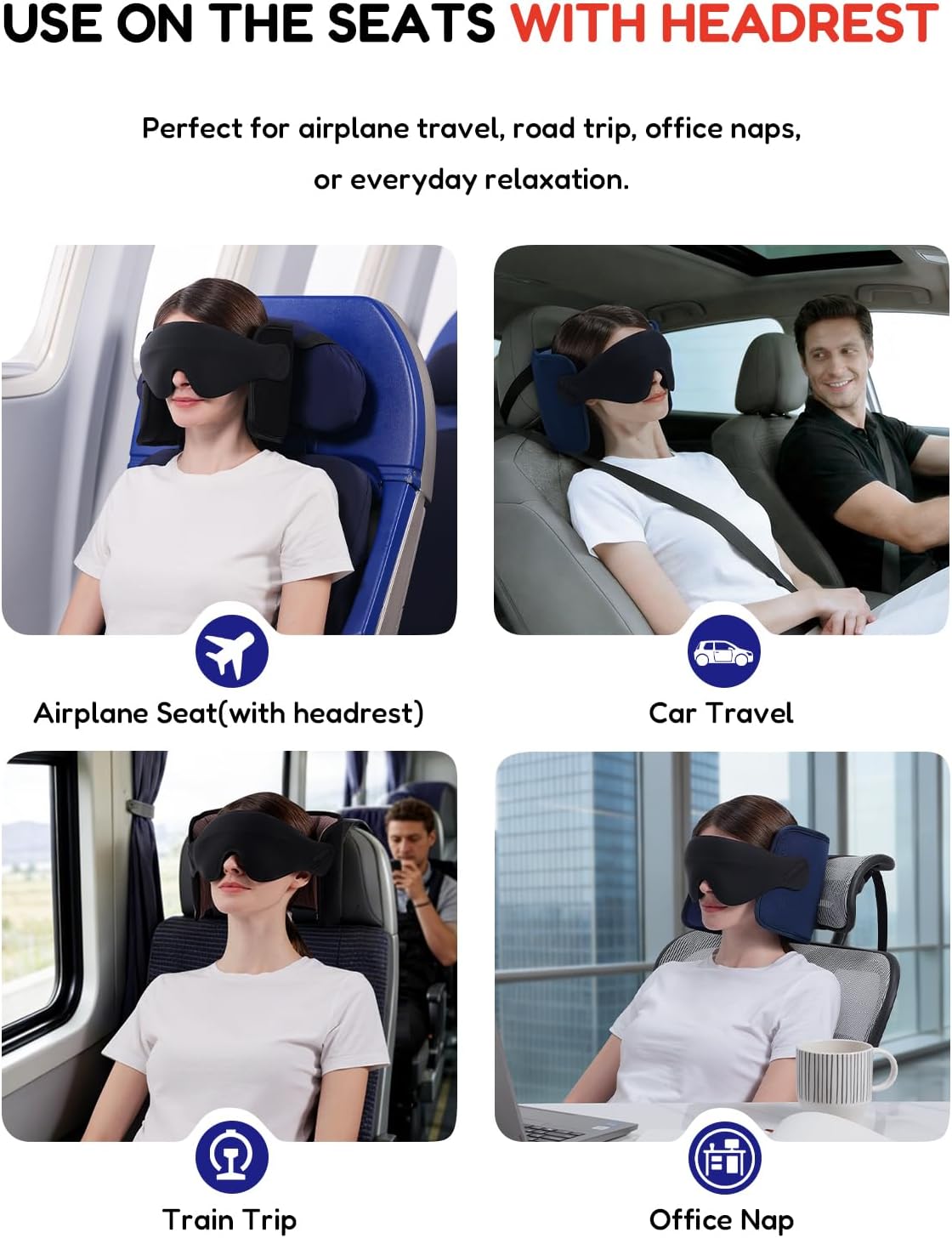 Travel Pillow for Airplanes Head Strap Support, 3D Eye Mask | 360 Airline Sleep Support Headrest Pillow No Bobbing Head Sleeping Aid Travel Essentials Long Flights/Car/Trip Mottled Red