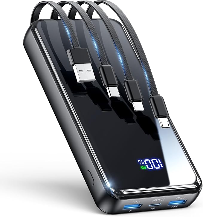 Portable Charger,50000mAh Power Bank Built-in Cable, 22.5W PD USB C In & Out Fast Charging, External Battery Pack with 6 Output & 2 Input, Travel Phone Charger for iPhone 17/16/15/14/13/12(Black)