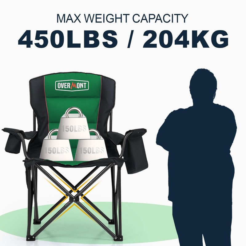 Overmont Oversized Folding Camping Chair - 450lbs Support with Padded Cushion Cooler Pockets - Heavy Duty Collapsible Chairs for Sports Garden Beach Fishing Green