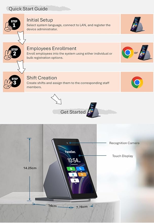 AI Face Recognition Time Clock for Small Business, 5.5-Inch Desktop Biometric