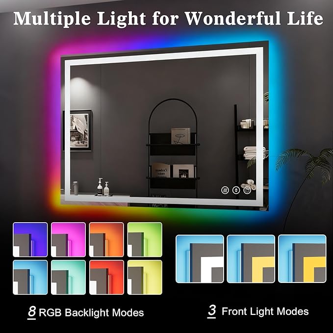 WTTY LED Bathroom Mirror 40"x30" with RGB Backlit and Front Light,Stepless Dimmable LED Mirror for Bathroom,Lighted Bathroom Vanity Mirror,Anti-Fog,Memory Function,Shatter-Proof,Wall Mounted