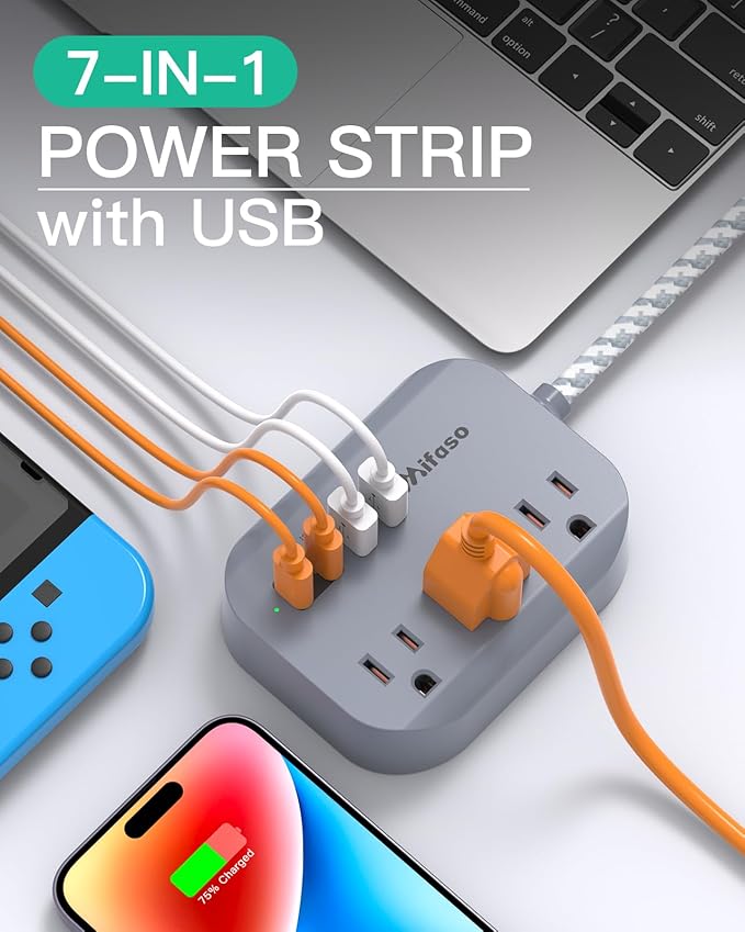 Cruise Ship Essentials - 5Ft Flat Extension Cord with Multiple Outlets, Power Strip USB Charging Station with Non Surge Protector for Cruise Ship, Travel, Dorm Room Essentials, Grey