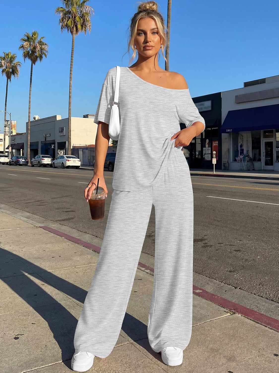 Trendy Queen Women's 2-Piece Lounge Set - Off-Shoulder Oversized T-Shirt & Wide Leg Pants | Casual Travel Outfit