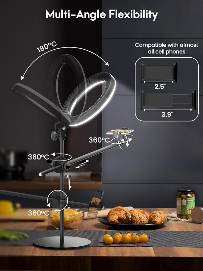 Selfie Ring Light with Stand and Phone Holder, Overhead Phone Mount with 10.5"