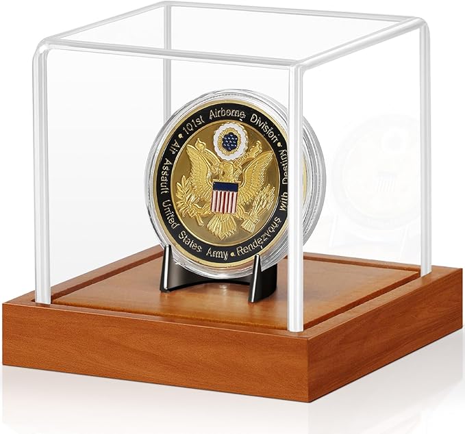 JupDec Coin Display Case, Clear Acrylic Showcase with Wood Base & Alloy Holder for Single Challenge Coin, UV Protection Souvenirs and Collectibles Box, Ideal Gift for Coin Fans, Brown