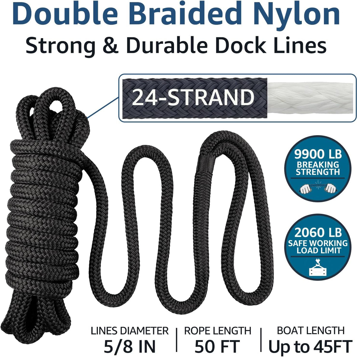 PACTHSD Dock Lines - 5/8" x 50' Double Braided Nylon Marine-Grade Boat Ropes with 16" Eyelet