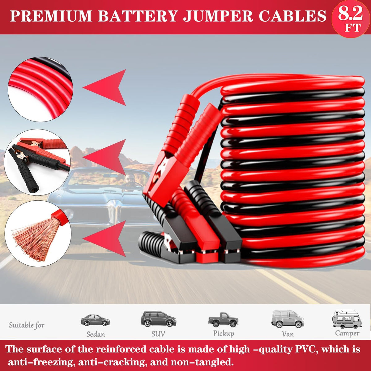Emergency Roadside Kit for Car, Safety Kits for Cars With Jumper Cables | Premium Roadside Assistance Kit for Cars Headlamp Folding Shovel Safety Hammers Tow Rope Gifts for New Drivers Car Tool Kit
