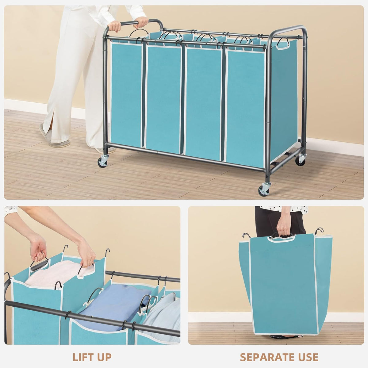 Storage Maniac Laundry Sorter - 4-Section Hamper with Wheels & Removable Bags - 47.8 Gal, Blue