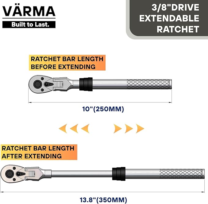 3/8" Drive Ratchet – 10–13.8" 4-Stage Extendable Handle, 90T Flex Head, Quick Release, Chrome Vanadium