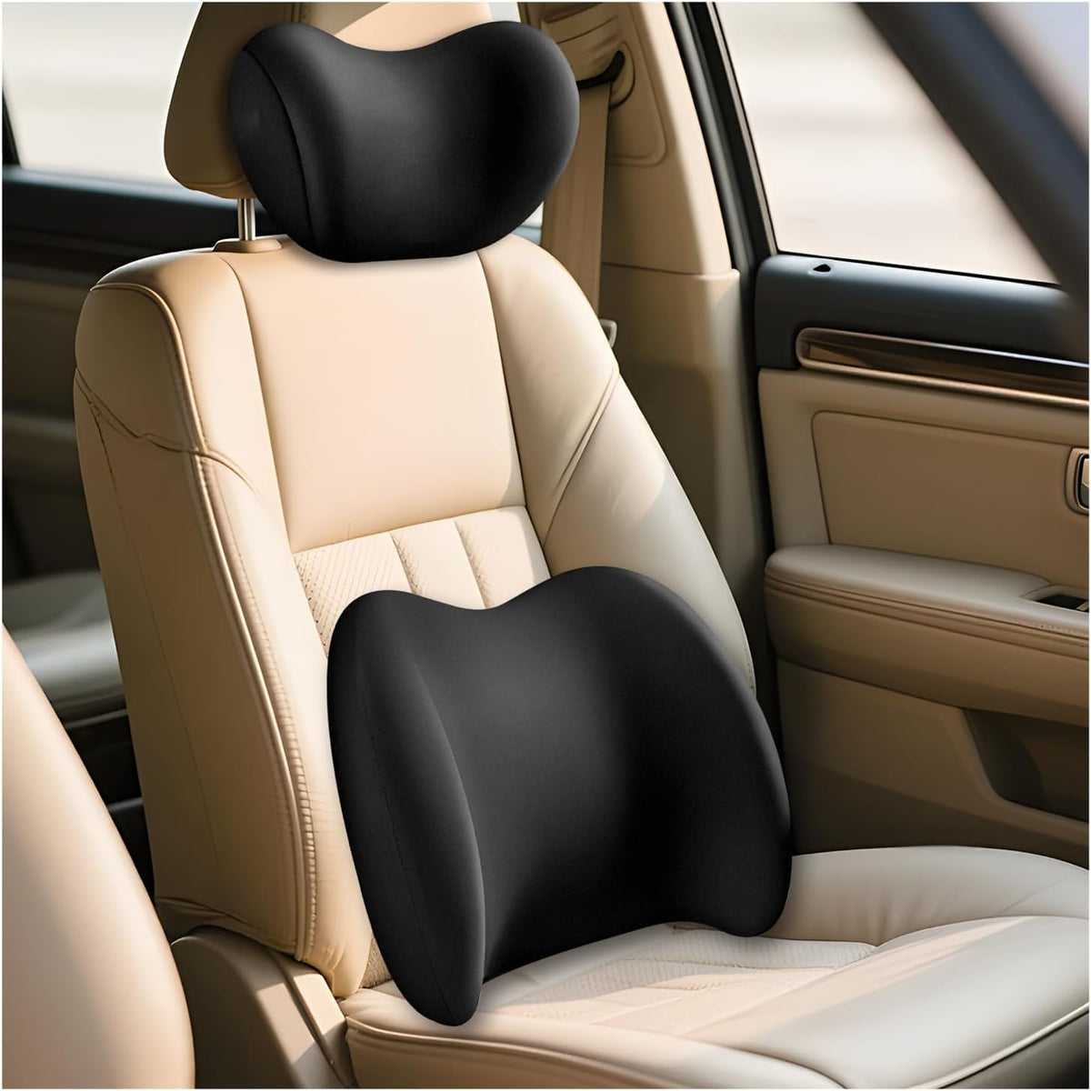 2 PCS Car Headrest & Lumbar Support Cushion, Breathable Memory Foam Auto Neck Lumbar Support Pillow w/Adjusatble Strap, Ergonomic Vehicle Seat Headrest Neck Rest Cushion (Pink)