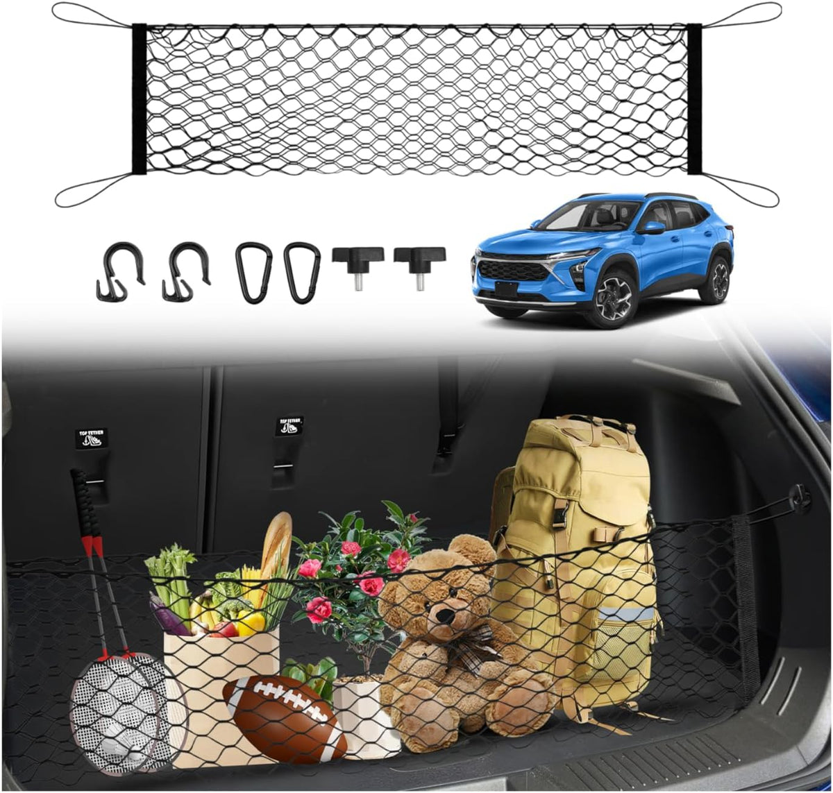 Karltys Envelope Style Cargo Net for 2021-2024 2025 2026 Kia Sorento, Heavy Duty Rear Trunk Mesh Cargo Net for 2025 Sorento Accessories, Elastic Mesh Netting Organizer with Metal Hooks