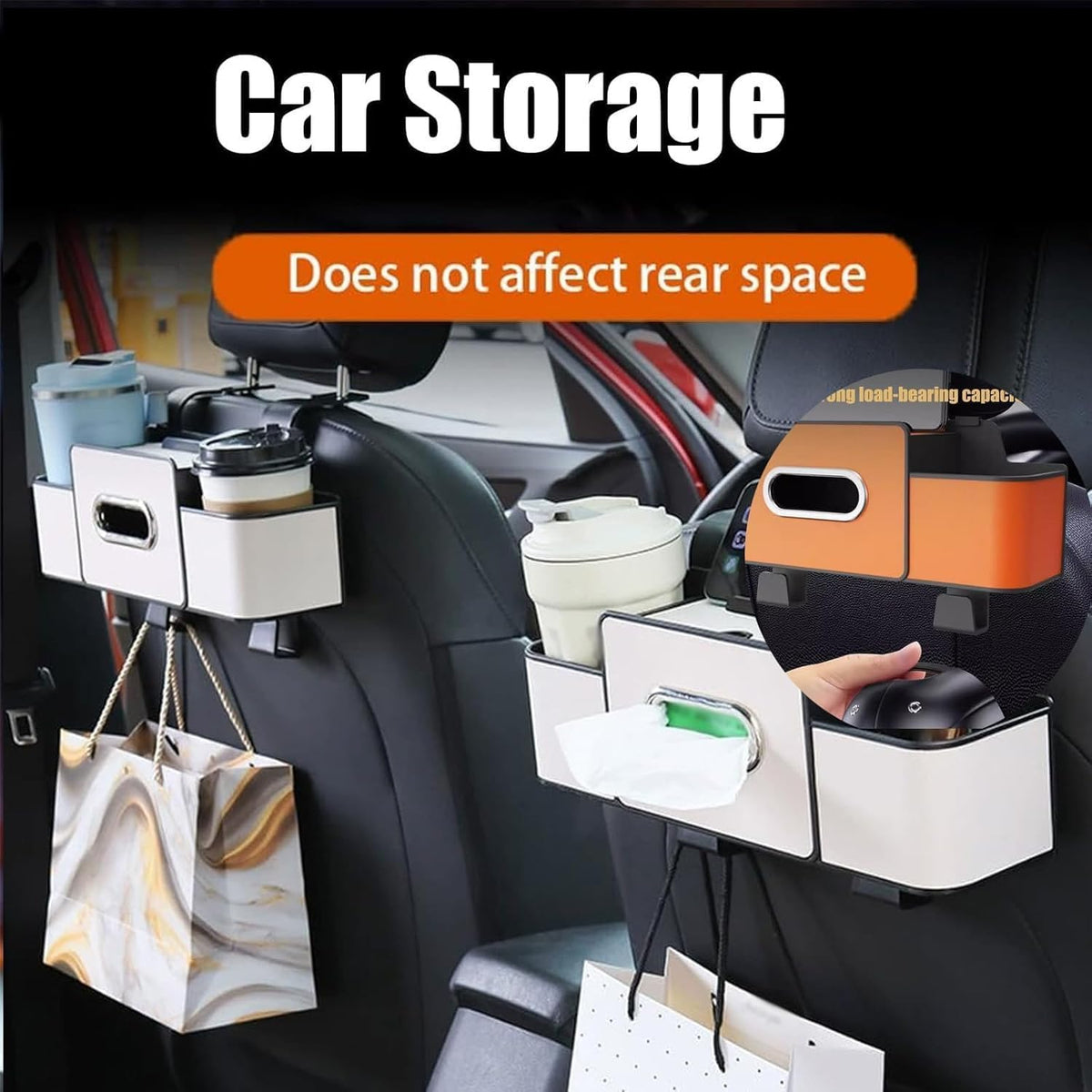 3 in 1 Car Backseat Organizer with Cup Holder, Leather Multifunctional Seat Back Storage with Tissue Box, Phone Holder and Hooks, for Hold Phones, Snacks, Drinks, and Handbags (White,2PCS)