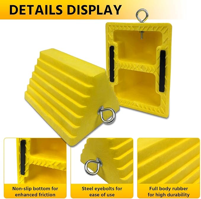 ROBLOCK 4 Packs Wheel Chocks Heavy Duty Yellow with Eyebolt for Travel Trailer Camper, Truck, Car and ATV(Yellow)