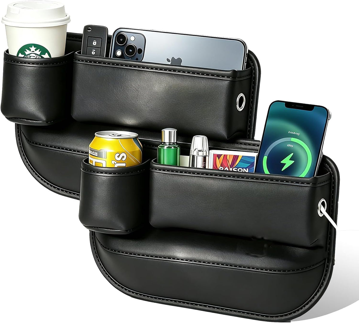 Premium Leather Car Seat Gap Filler Organizer with Cup Holder 2 Pack,