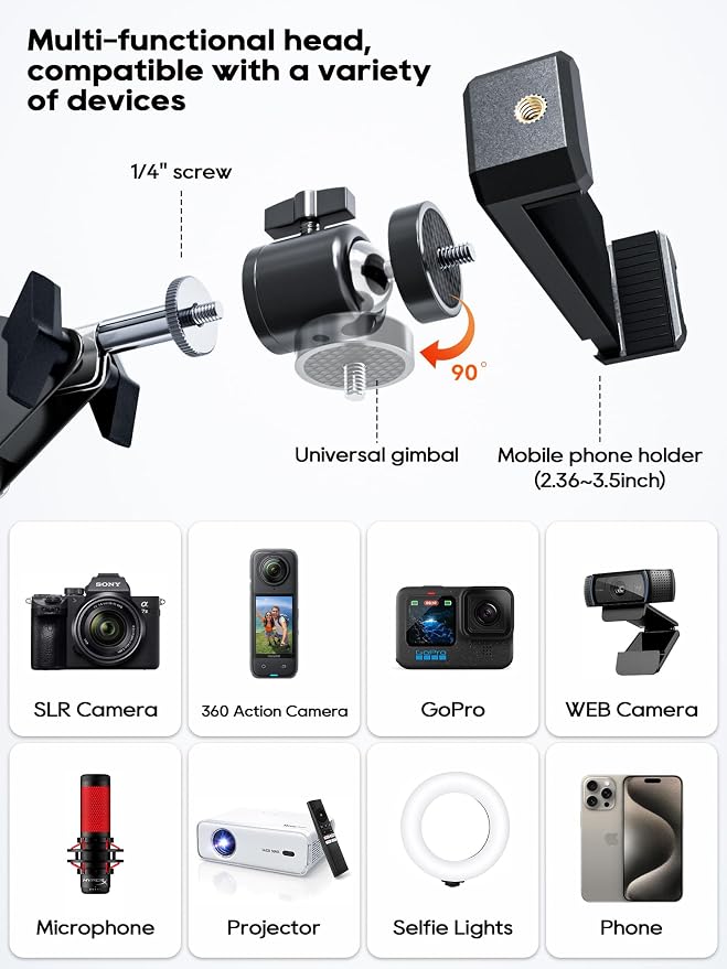 CACENCAN Overhead Camera Mount, 5lb Horizontal Load-Bearing, 360° Adjustable