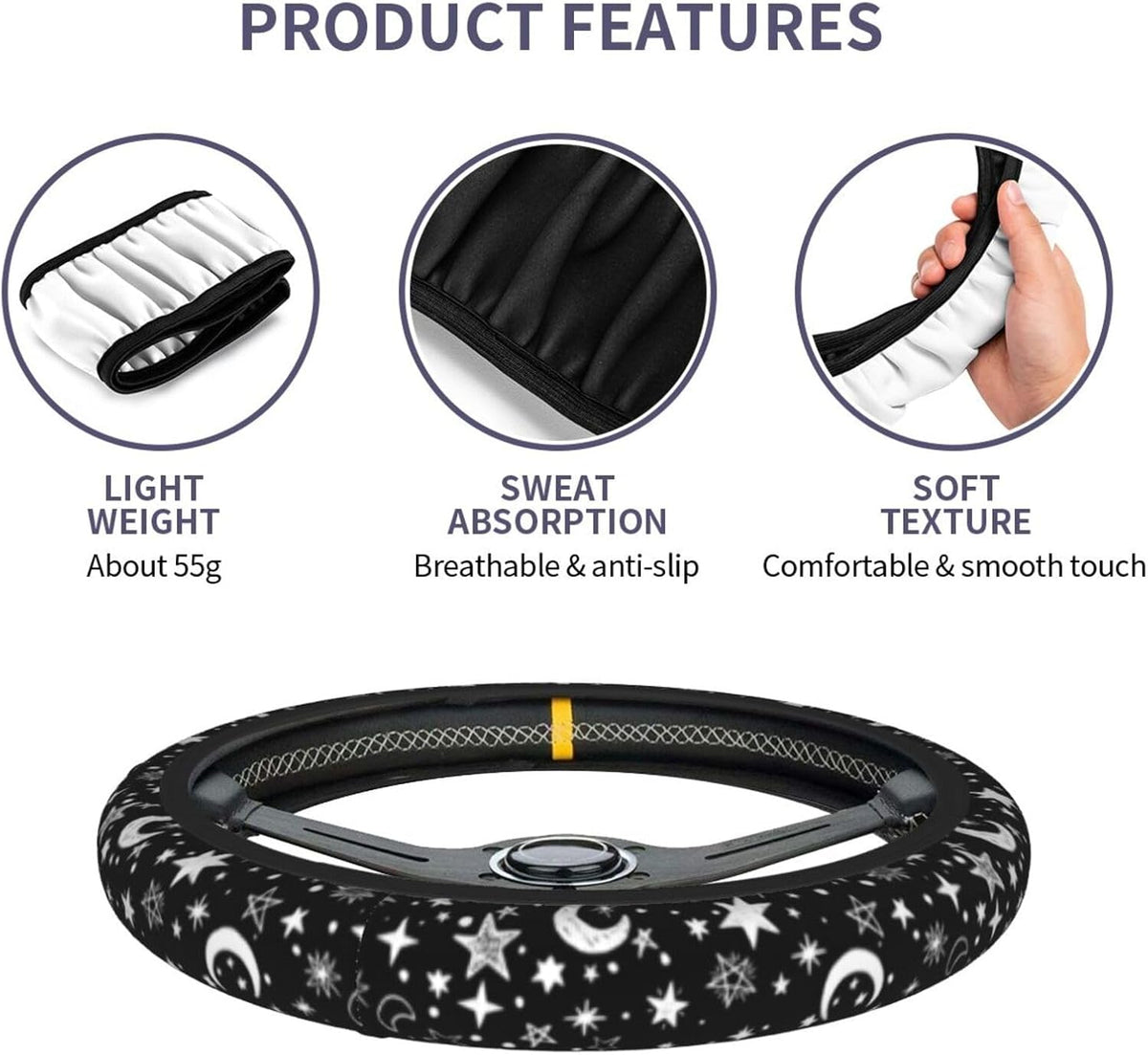 Moon and Star Steering Wheel Cover Car Accessories Cute for Women Girls Girly Universal 15 Inch Neoprene Auto Interior Decor Anti Slip Car Truck Protector
