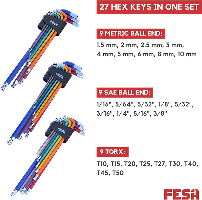 FESA Jumbo Allen Wrench Set - 29-Piece Torx, Standard & Metric Allen Wrenches with Micro to Large Ball Ends - Hex Keys with Folding Hex Tool, T-Handle & Storage Tray