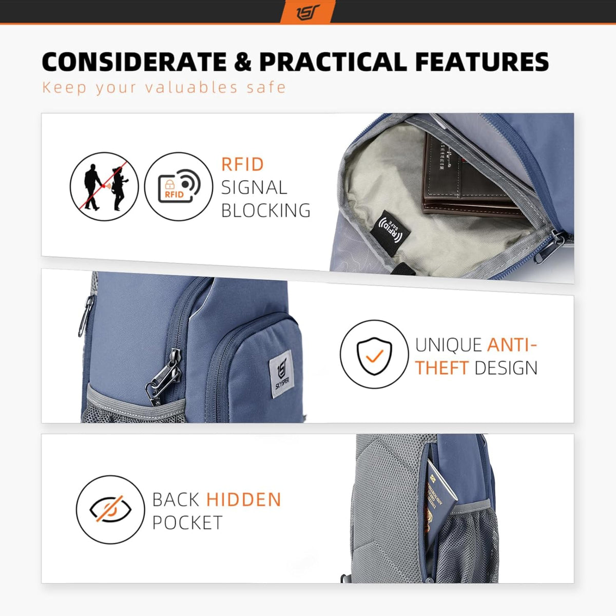 SKYSPER Sling Bag - RFID Crossbody Backpack for Travel & Hiking | Unisex Periwinkle Daypack
