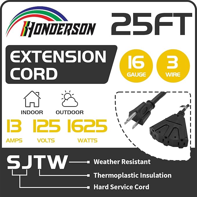 3-Outlets Indoor Outdoor Extension Cord Weatherproof, UL Certified, 16 Gauge 25FT Black 3 Prong Heavy Duty, 16/3 SJTW 13A Power Cord