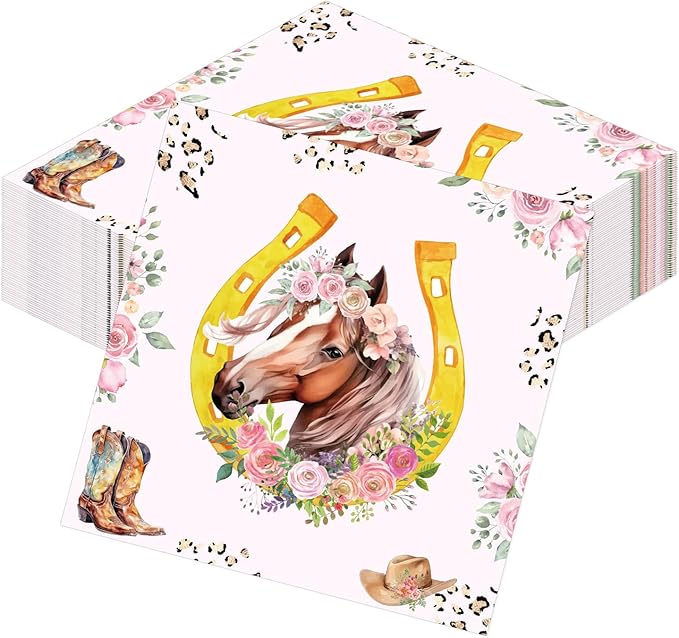 Horse Birthday Napkins Decorations for Girls, 50PCS Floral Cowgirl Party Napkins Decor, Disposable Western Horse Paper Napkins Set Supplies Size 6.5 Inch