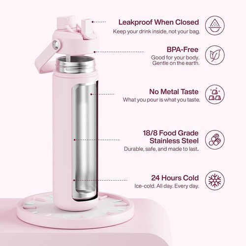 ENCOOL Insulated Water Bottle - Leak-Proof Stainless Steel with Straw | Keeps Drinks Cold for 24 Hours (26 oz, Cotton Candy)