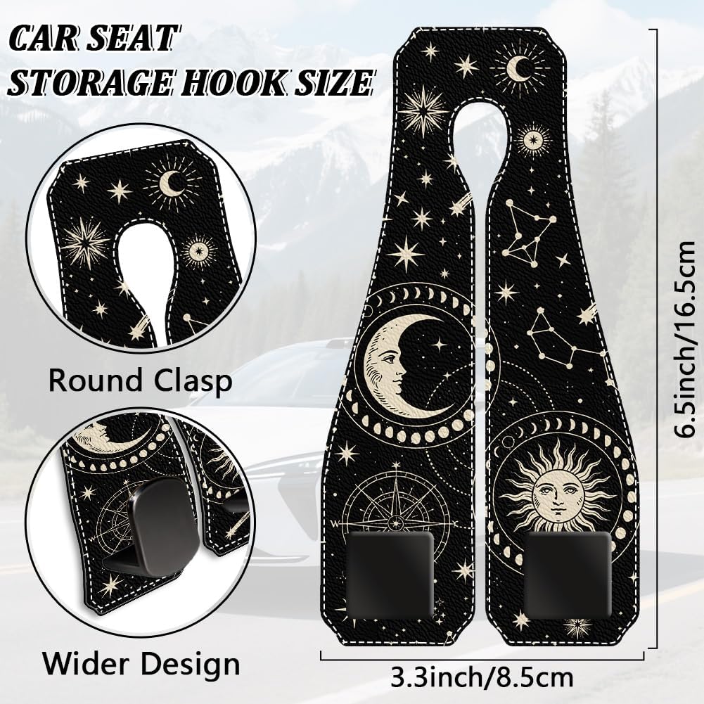 2Pcs Car Purse Hook for Headrest 6.5 x 3.3 Inch Moon Car Hooks Metal Leather Sun Moons Star Pattern Double Hanger Backseat Storage Organizers Accessories for Purse Handbags Bags Umbrellas