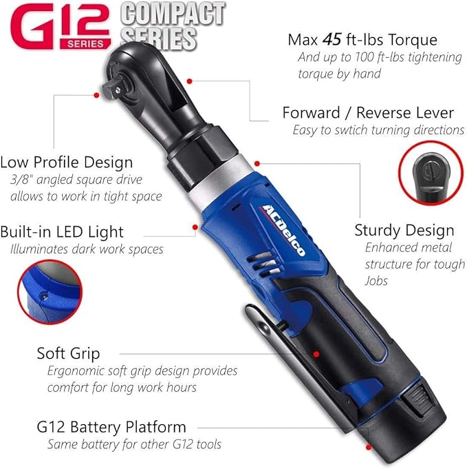 ACDelco ARW1209-K14 G12 Series 12V Li-ion Cordless 3/8” Rachet Wrench & Impact Wrench Combo Tool Kit