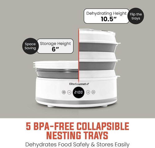 Elite Gourmet Digital Food Dehydrator - 5 BPA-Free SlimStore™ Trays, Adjustable Timer & Temperature, White