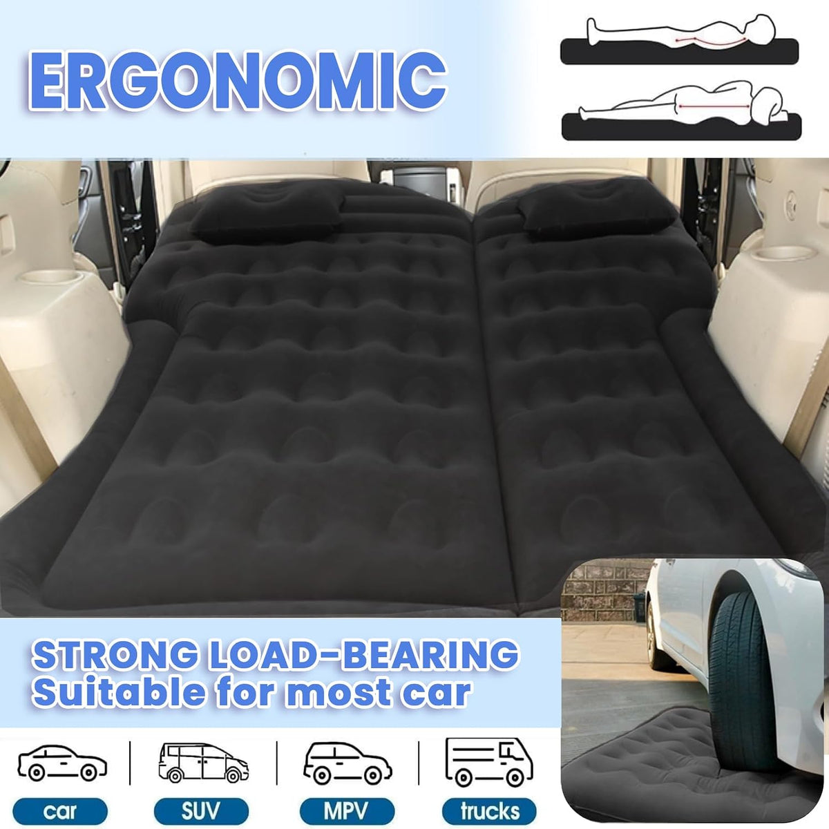 Car Air Mattress - Inflatable Bed SUV Mattress for Cars RV Truck Backseat Trunk, Portable Camping Bed Flocked Airbed Sleeping Mat for Vehicle Travel Road Trip Indoor&Outdoor Activities (Black)