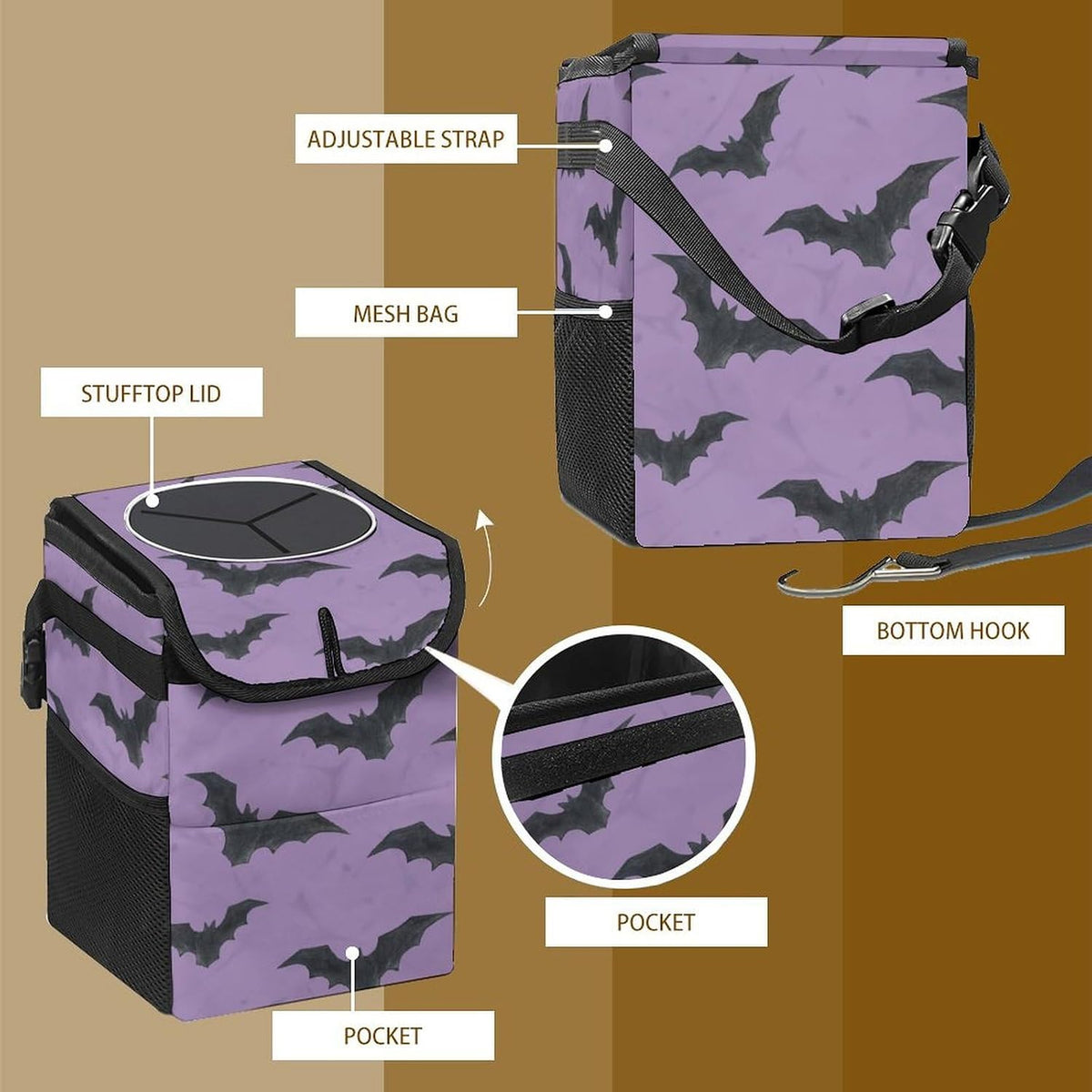 Purple Goth Bat Car Trash Can with Lid - Collapsible Reusable Waterproof Garage Bag,Automotive Garbage Can,Car Accessories Interior Organizer