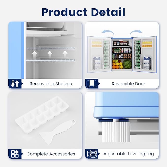 2.6 Cu Ft Small Fridge with Freezer for Office Blue | Mini Refrigerator for Dorm Bedroom, Compact Fridge, Energy-efficient, Low Noise
