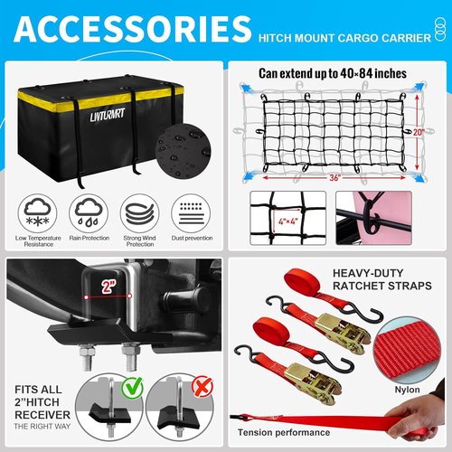 LWTURMRT Cargo Carrier Basket - 58" x 24" x 14" Folding Hitch Mount for SUVs | 500LBS Capacity, Black with Bag
