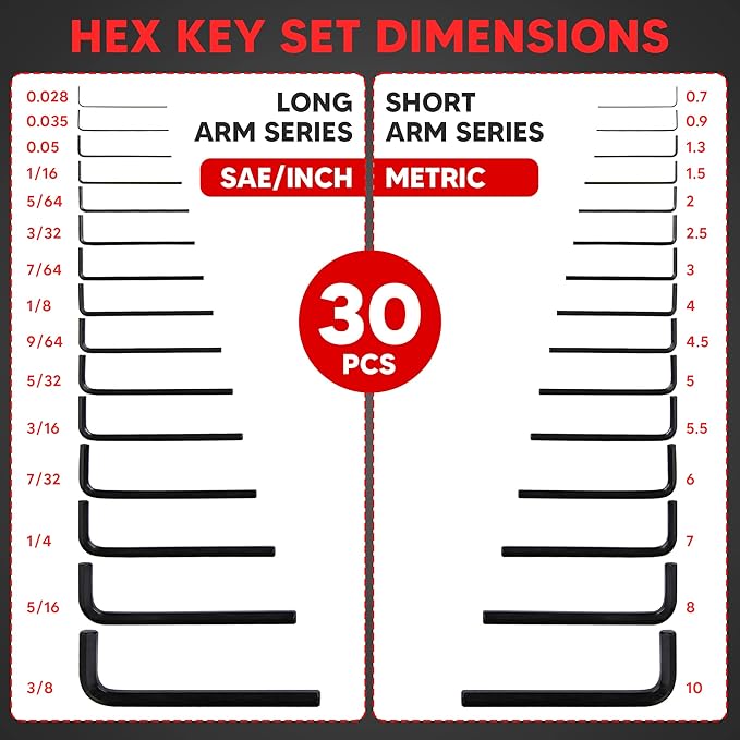 YIYITOOLS - HN-1-001 Hex Key Allen Wrench Set – 30-Piece Industrial Grade Set Tools, 1/20-3/8 inches, 1.27-10 mm, Black and Silver