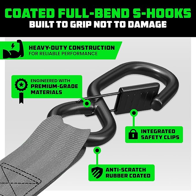 Rhino USA Ratchet Straps Heavy Duty Kit (4-Pack) - 1.6 Inch x 8 Feet Min Break Strength (5,000) - Ultimate Tie Down Straps with Safety S Hooks for Trucks, ATV, UTV, Motorcycle, Cargo & More - Gray