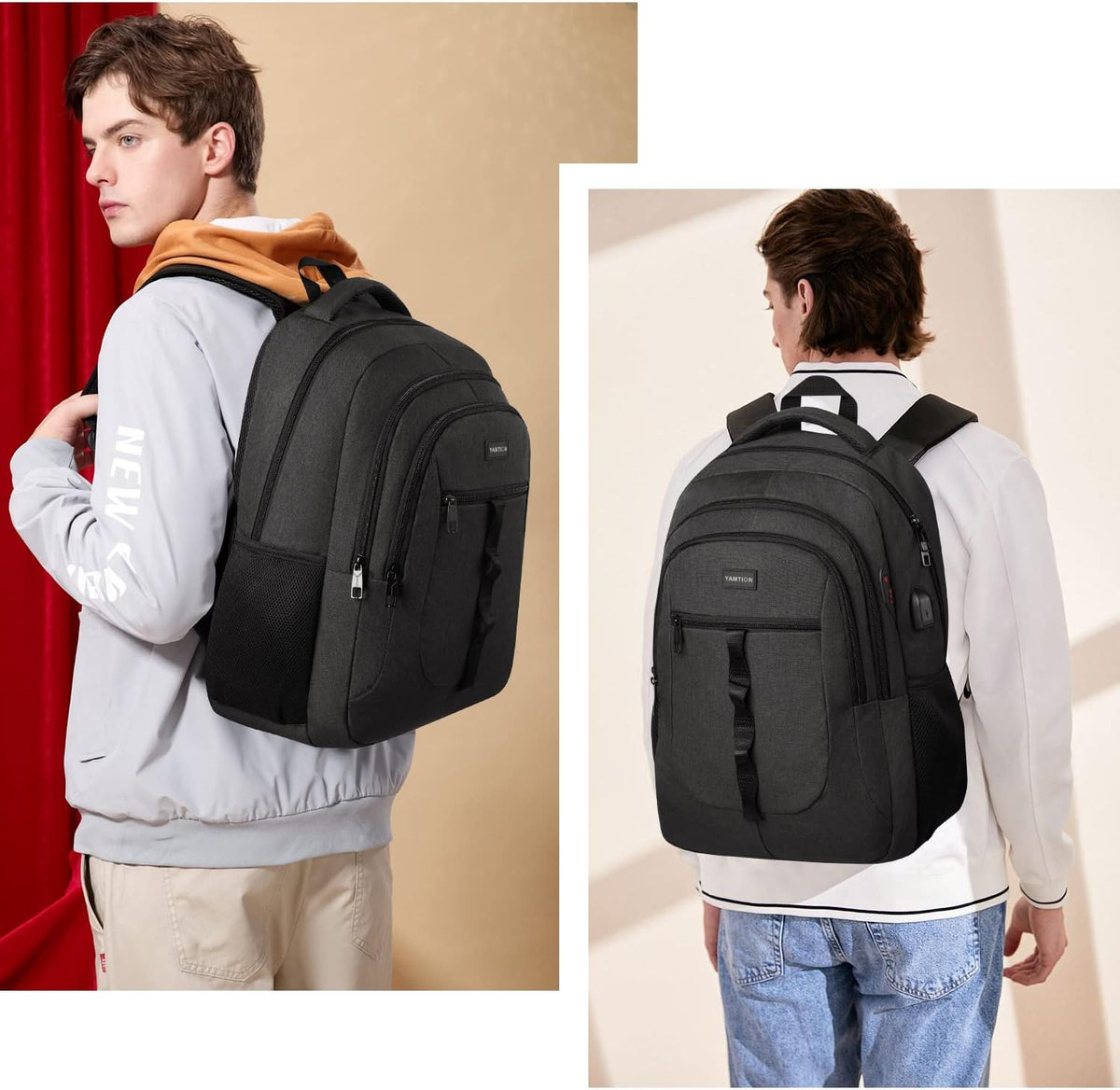 YAMTION Black Backpack - Versatile Laptop Bag with USB Port for School & Work | Unisex Design