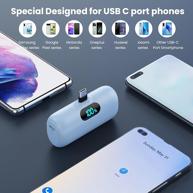 [2-Pack] Mini Portable Charger 5000mAh Power Bank,3A PD USB C Cell Phone Portable Power, LCD Display Battery Pack Compatible with iPhone 17/17 Air/16/16 pro/15/15 pro Max/Android/Samsung/Moto/LG etc
