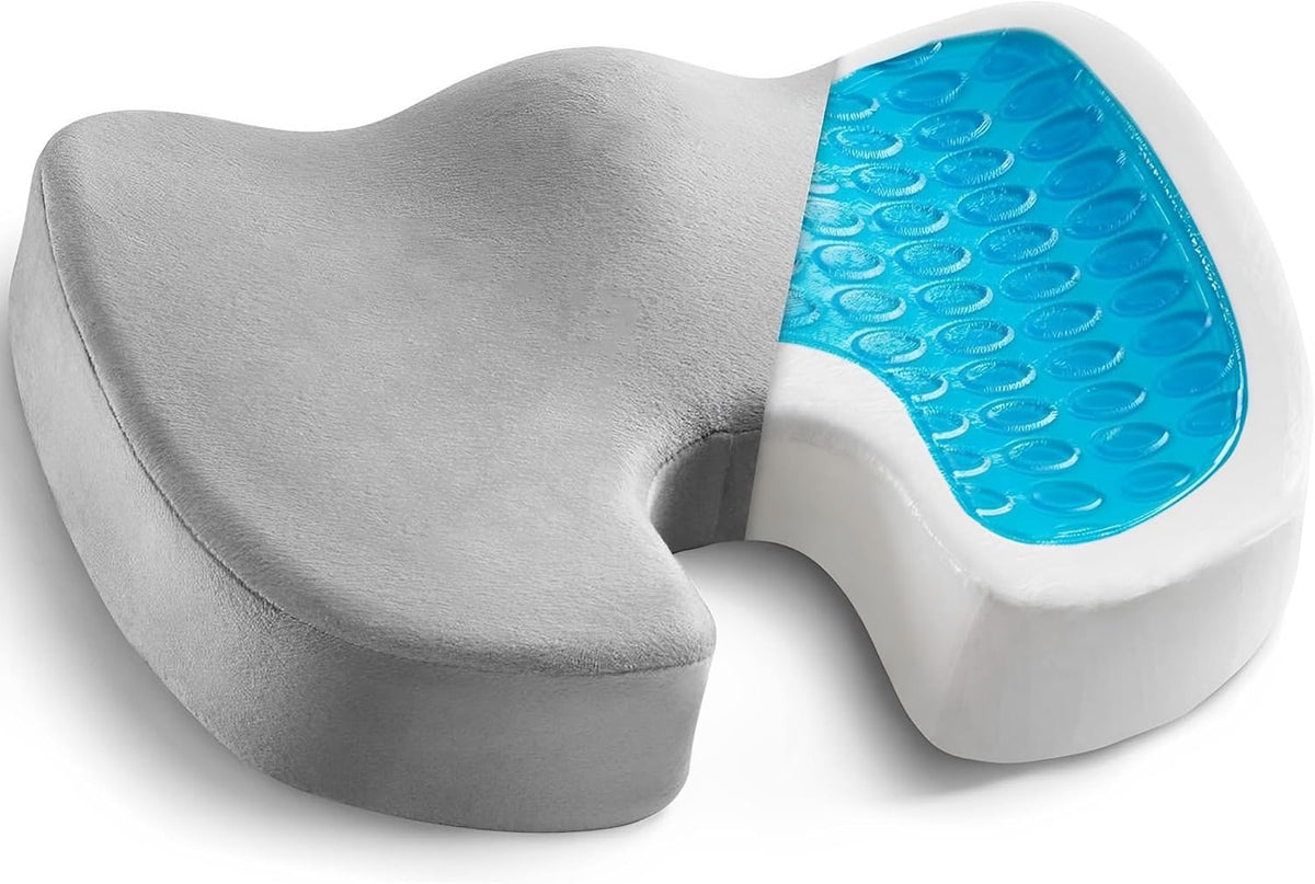 Gel Seat Cushion for Long Sitting - Memory Foam Chair Pillow for Sciatica Pain Relief - Orthopedic Gel & Memory Foam Coccyx Ppad for Tailbone Sick - Office Chair Cushion for Back Pain Grey