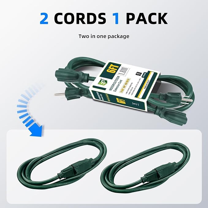 EP 2 Pack 6FT Green Outdoor Extension Cord, 16/3 SJTW Heavy Duty Waterproof, 3 Prong Grounded Plug, 13A 1625W 16AWG, Cold-Resistant Flexible Power Cable for Garden, Home, Christmas Lights